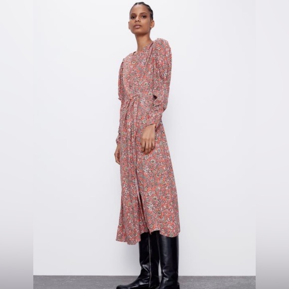 ZARA Floral Printed Long Puff Ruched Sleeve Draped‎ Midi Dress Size Small - Picture 7 of 16